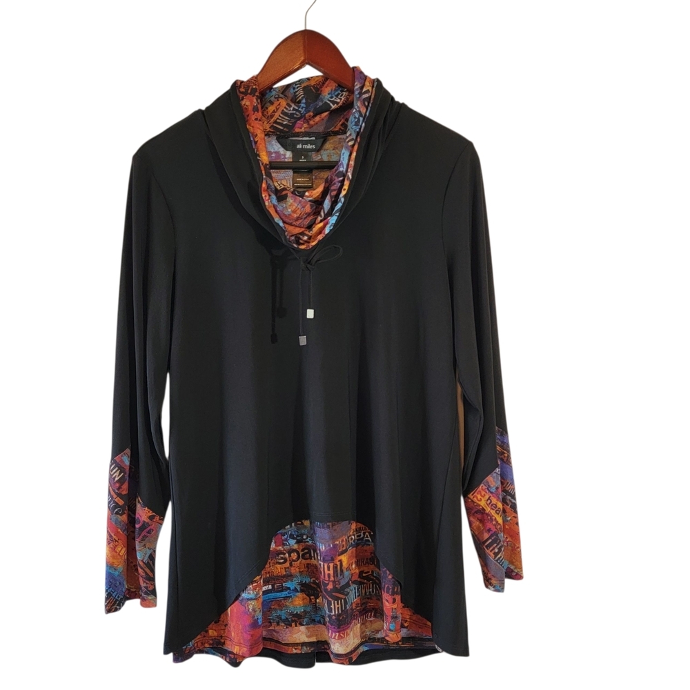 Ali Miles Black Orange Mix Print Mockneck Jersey Knit Top Sz S Artsy Minimalist